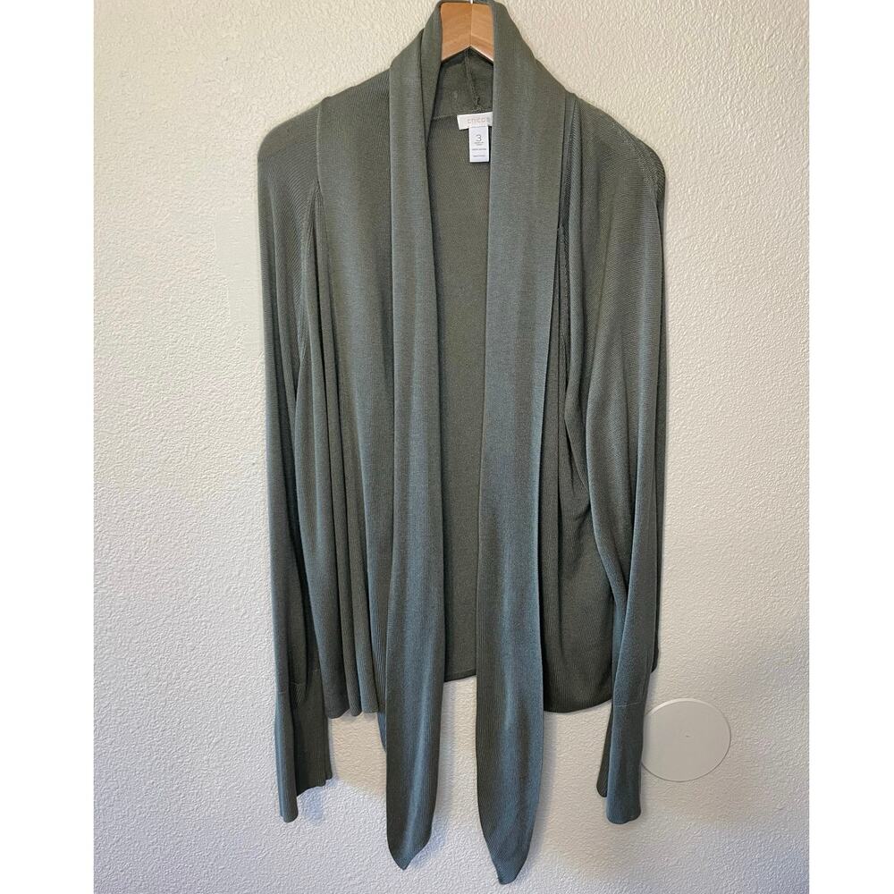 Chico’s Olive Green Relaxed Open Front Rayon Light Weight Cardigan Size 3 (XL)